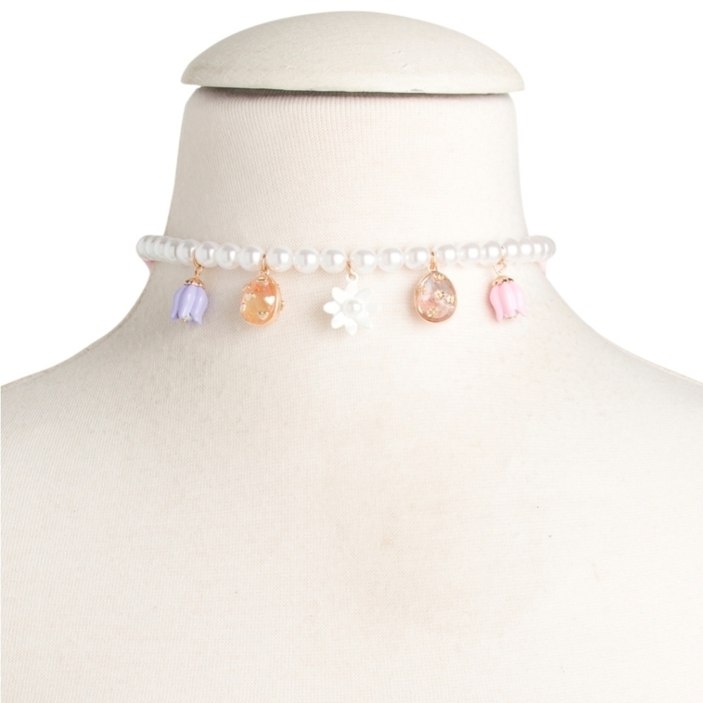 Betsey Johnson Elegant Pearl Choker Necklace with Spring/Easter Charms